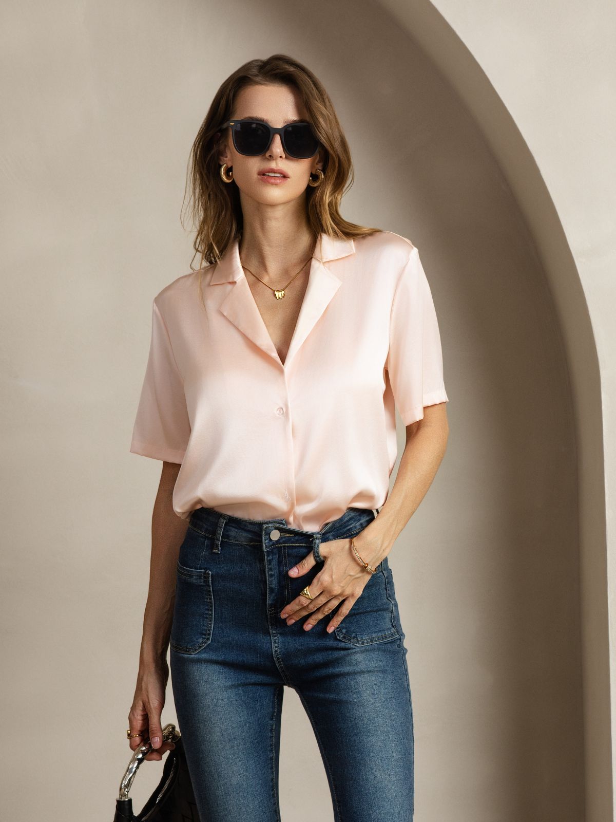 [Pink] SilkSilky-UK 19Momme Silk Notched Neck Women's Shirt 006