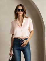 [Pink] SilkSilky-UK 19Momme Silk Notched Neck Women's Shirt 006