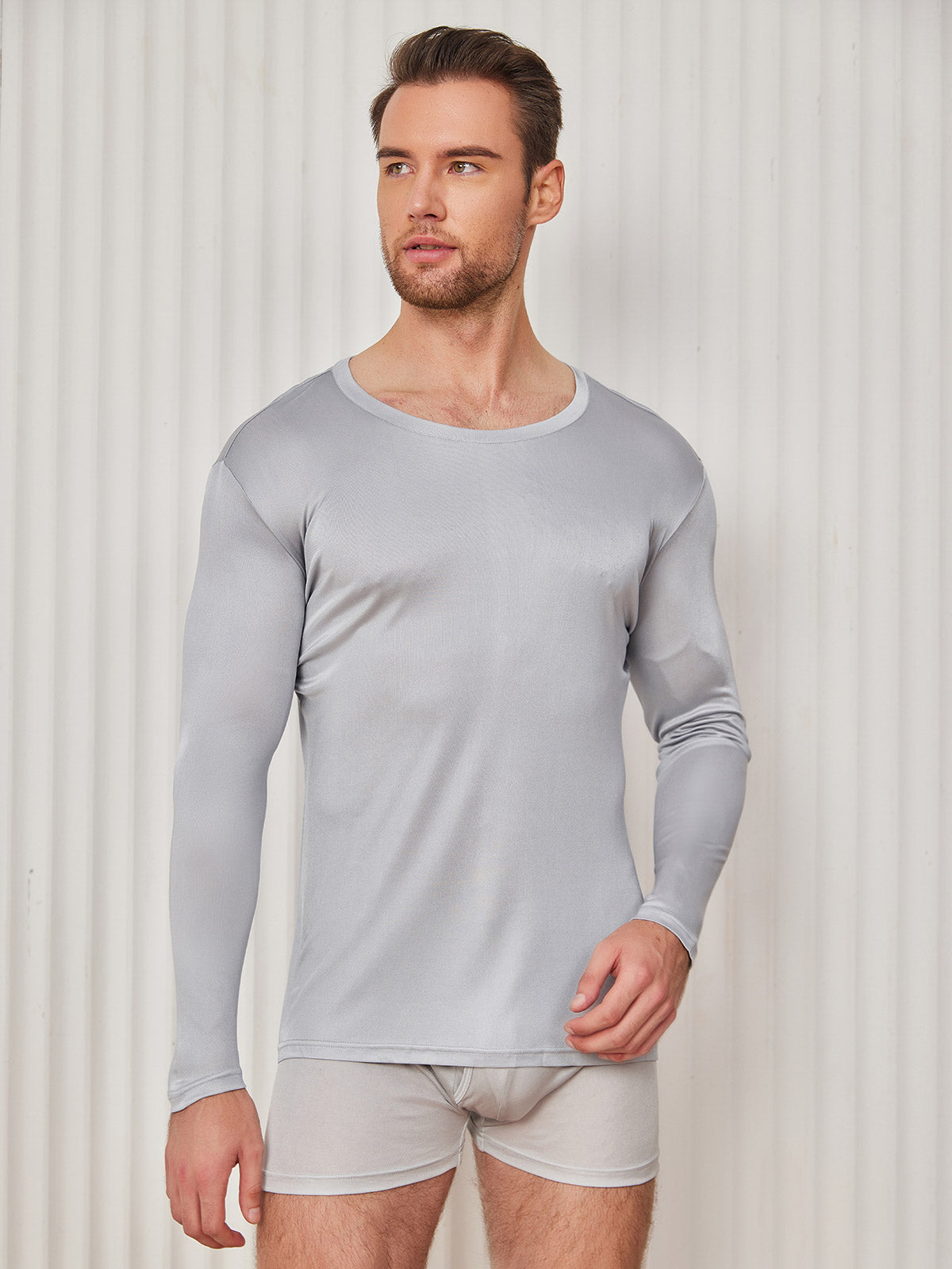 [Light Gray] SilkSilky-UK 100% Silk Jersey Long Sleeve Round Neck Men's T-Shirt 001