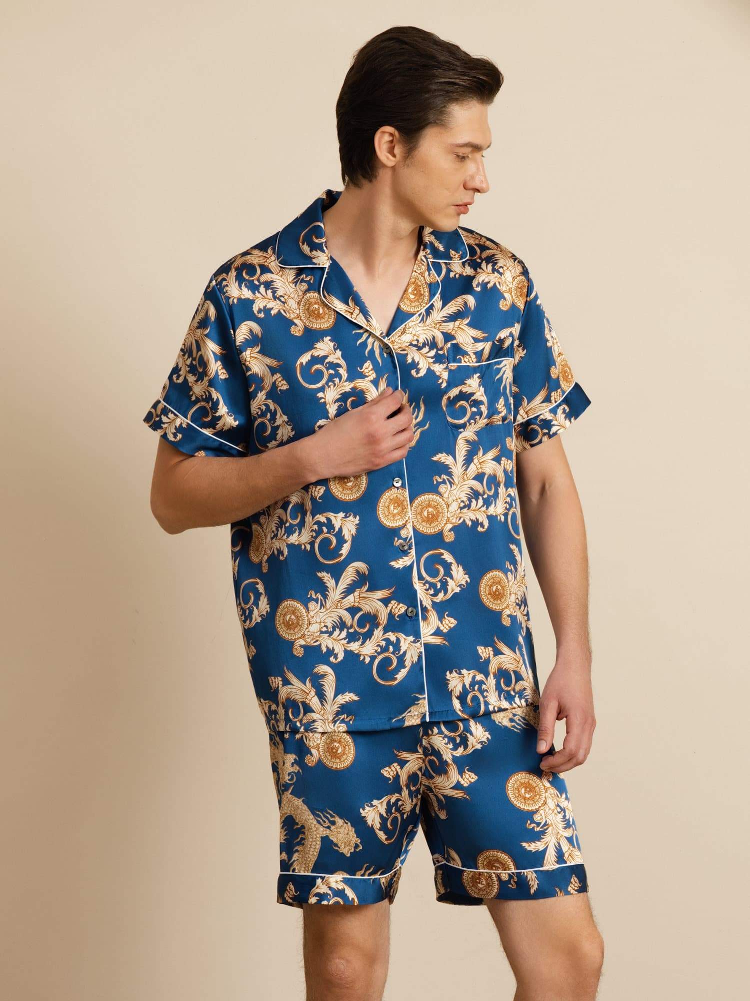 [Navy Dragon] SilkSilky-UK Short Sleeve Notch Collar Men's Pyjamas 001
