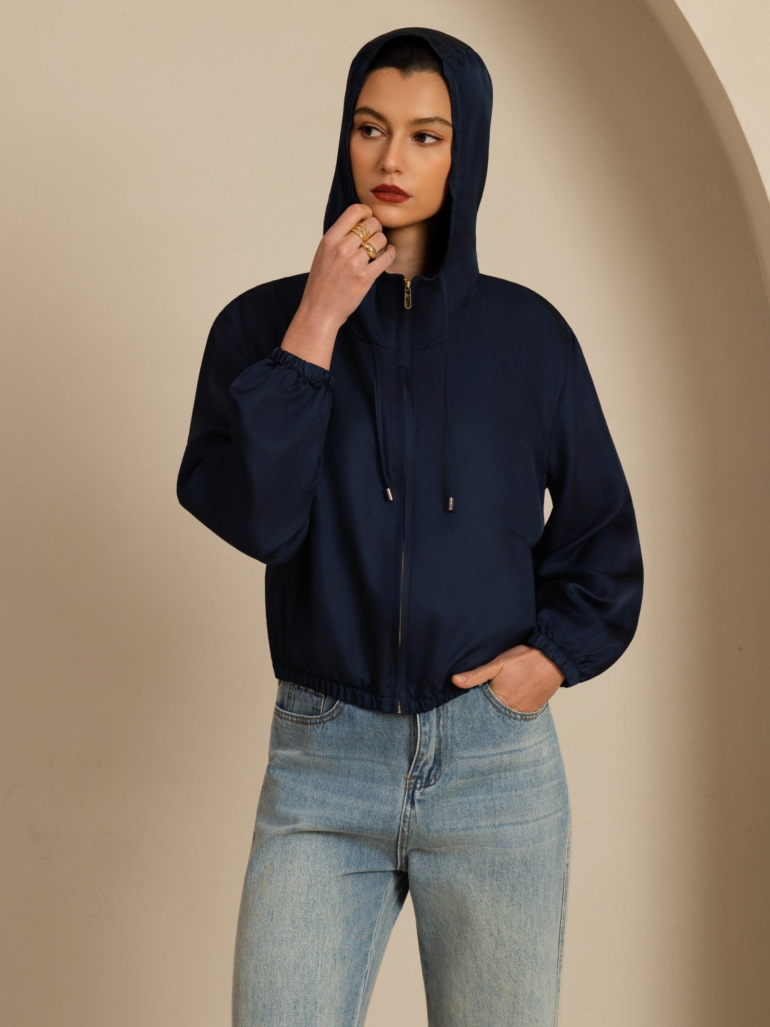 [DarkBlue] SilkSilky-UK 18Momme Silk Satin Surah Long Sleeve Stand Collar Women's Outerwear 004