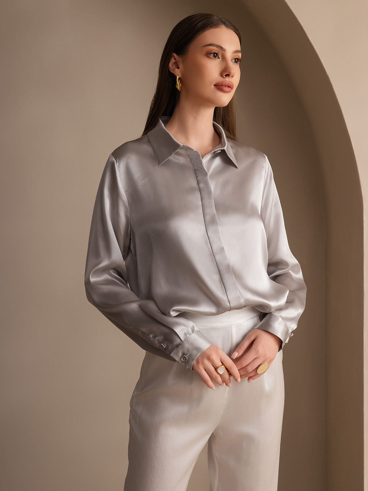 SilkSilky-UK 19Momme Silk Long Sleeve Collar Women's Shirt LightGray 004