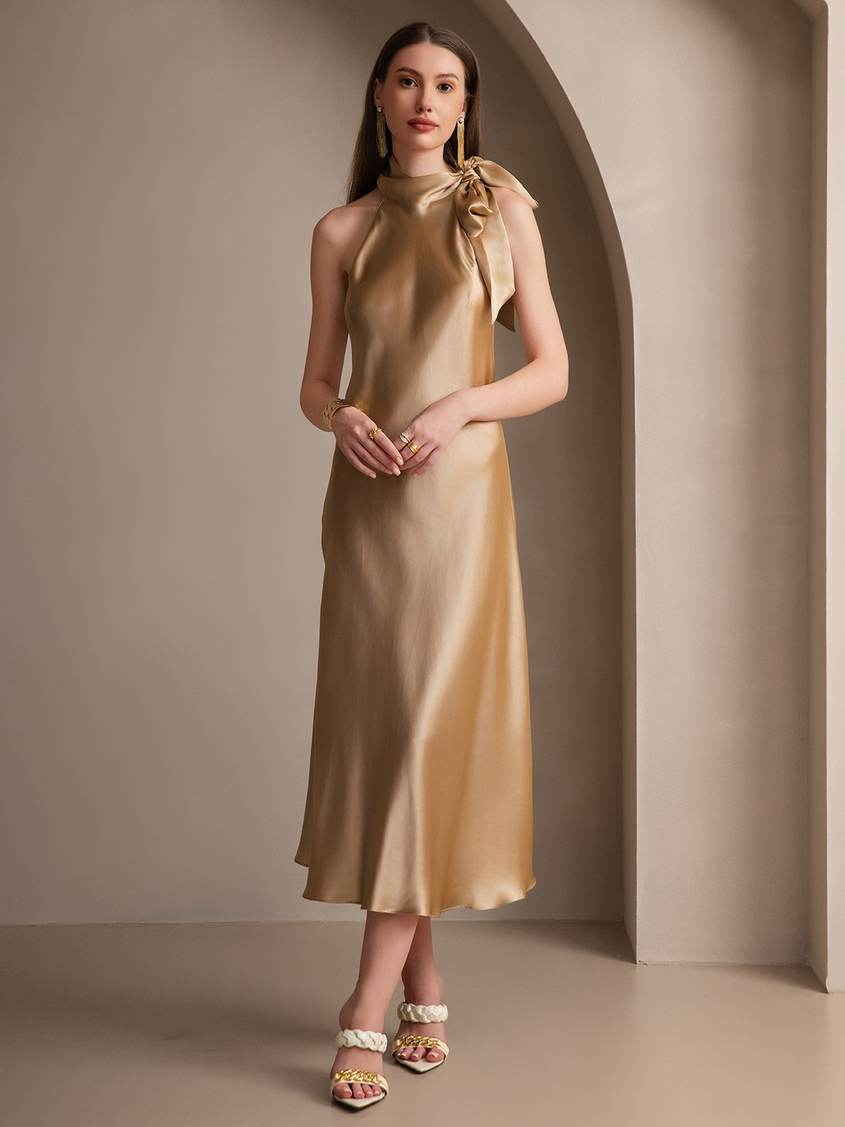 [Champagne] SilkSilky-UK 19Momme Silk Sleeveless Tie Neck Dress 006