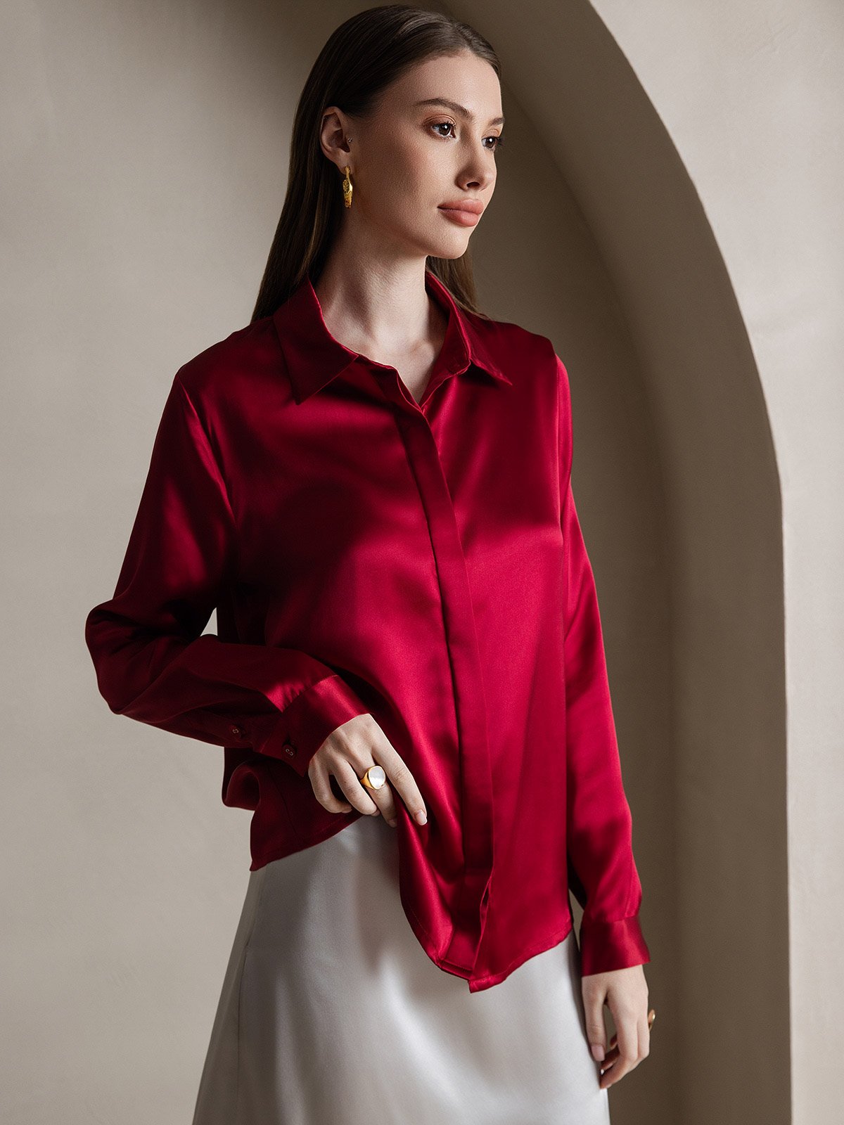 SilkSilky UK 19Momme Silk Long Sleeve Collar Women's Shirt Wine 001