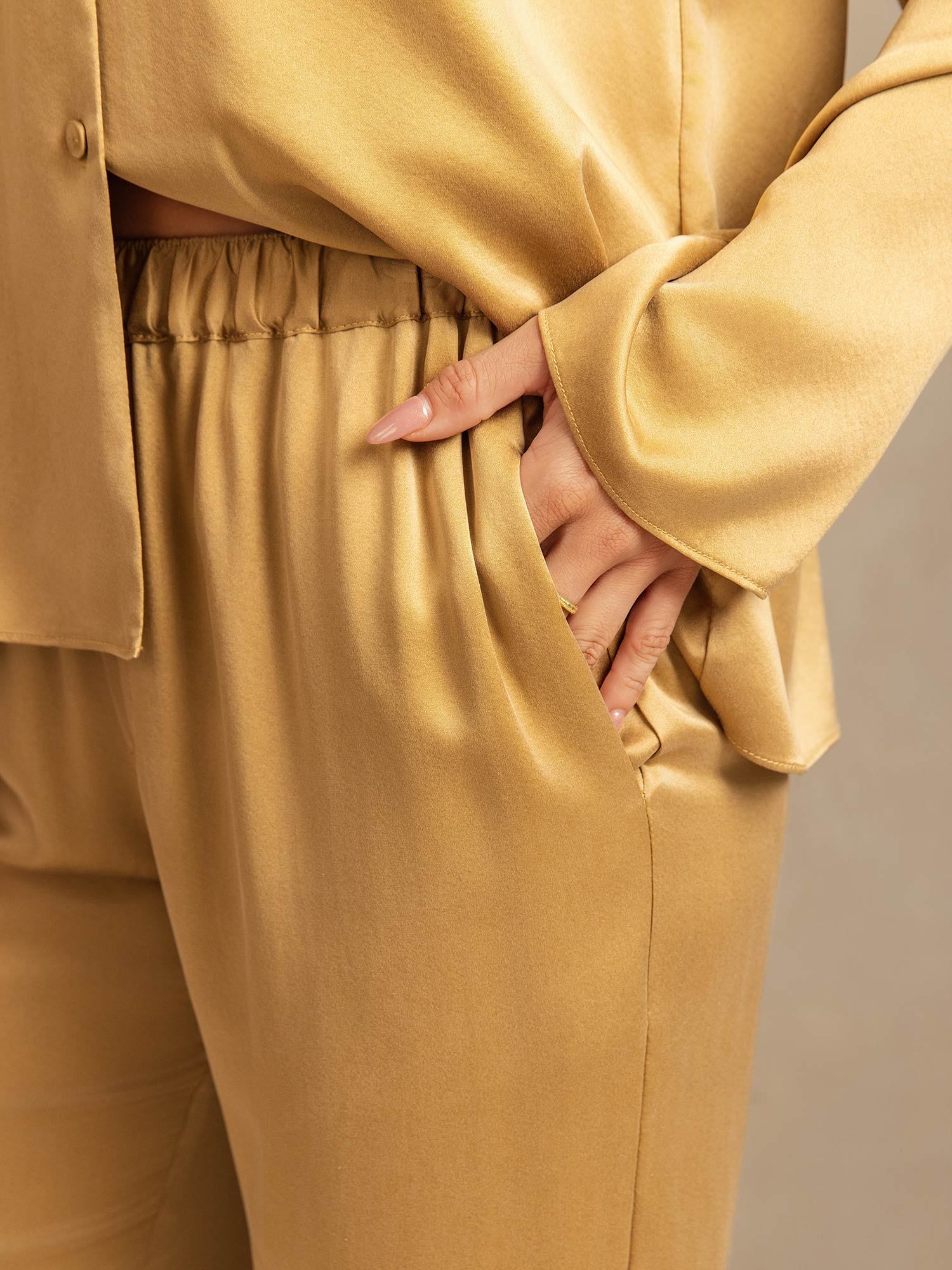 [Tan] SilkSilky-UK 19Momme Machine-Washable Silk Notched Neck Women's Pyjamas 005