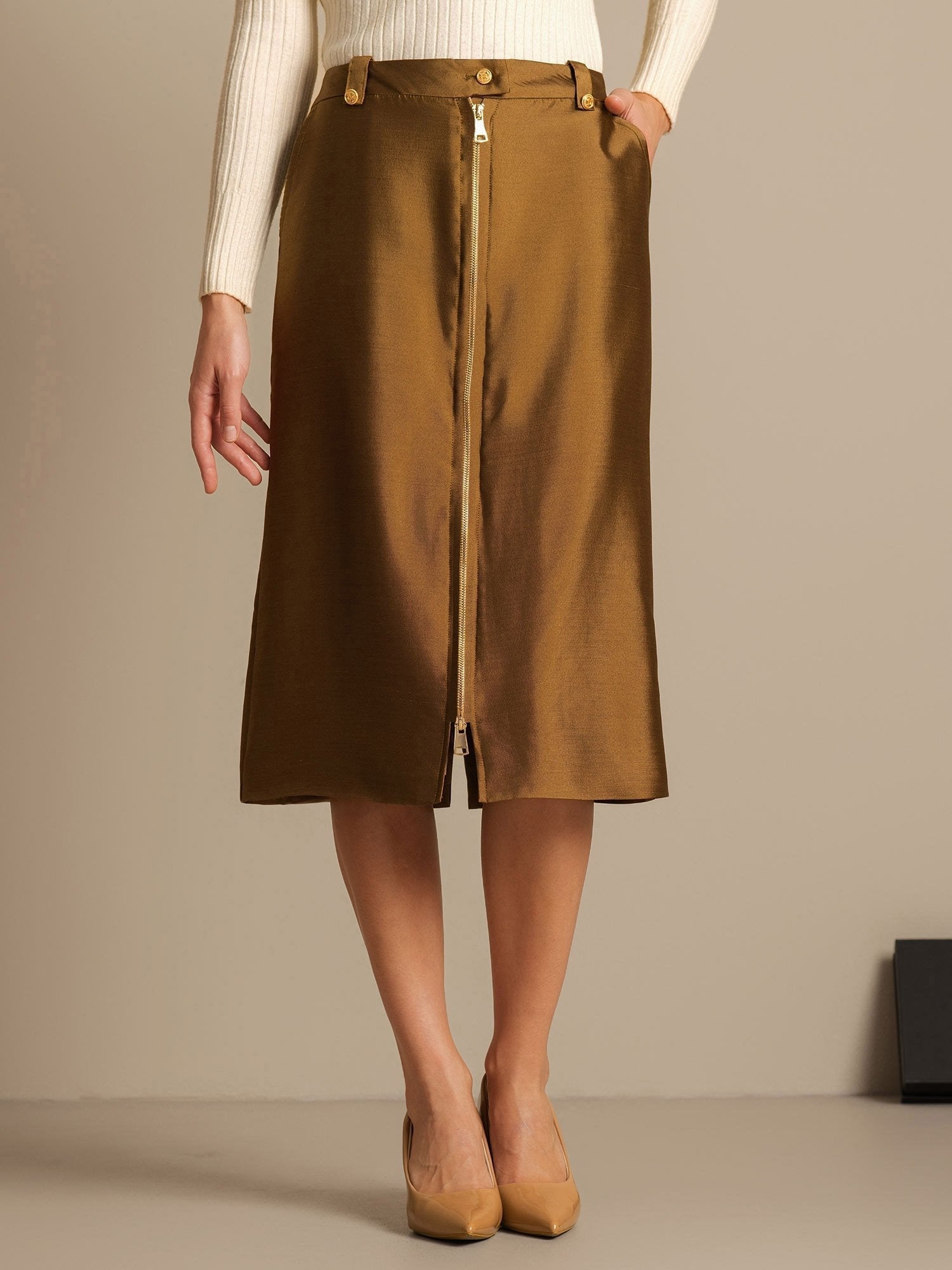 [Bronze] SilkSilky-UK 32Momme Silk-Wool Blend Split Skirt 003,