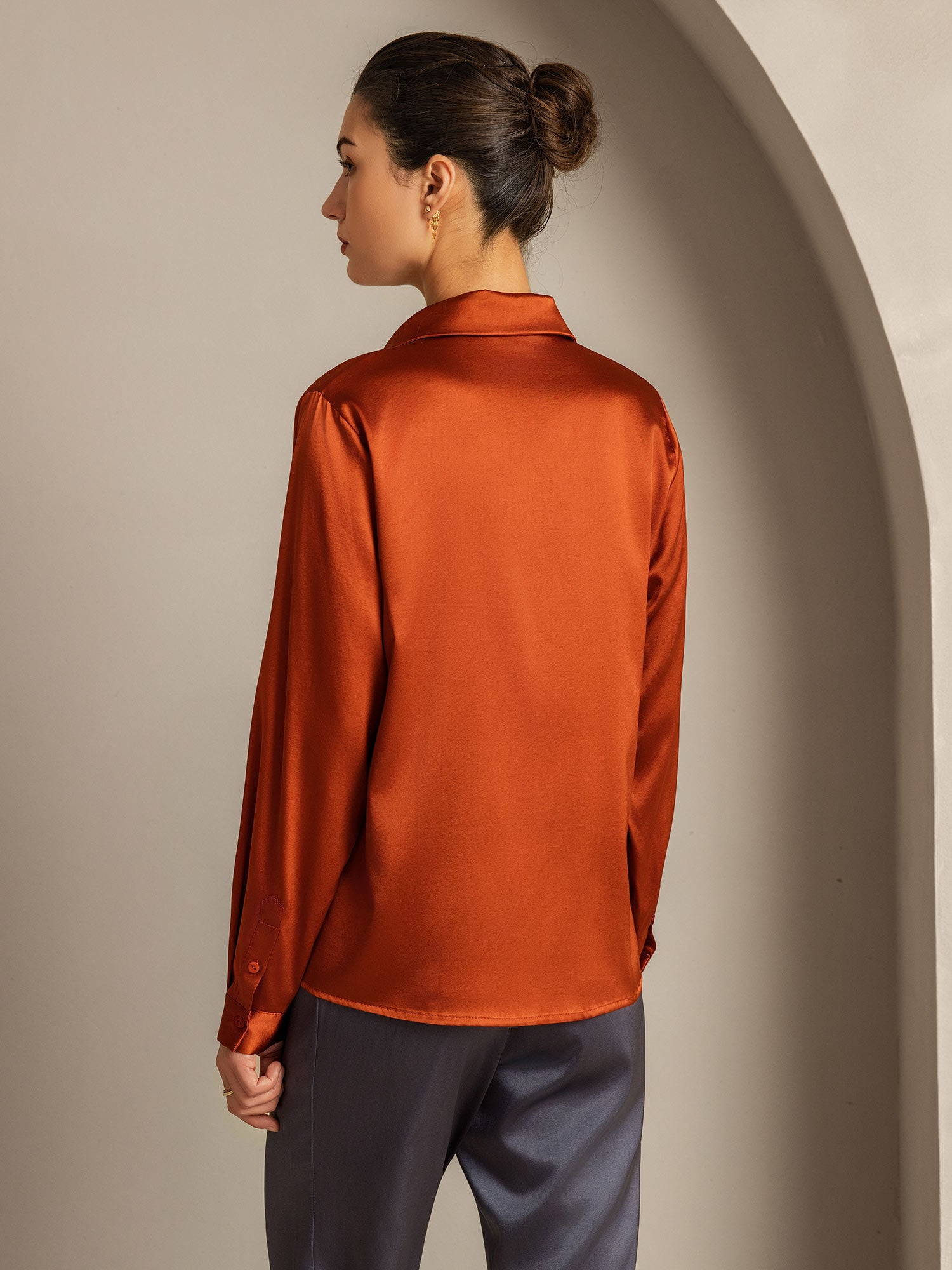 [Caramel] SilkSilky-UK 19Momme Silk Collar Women's Shirt 003