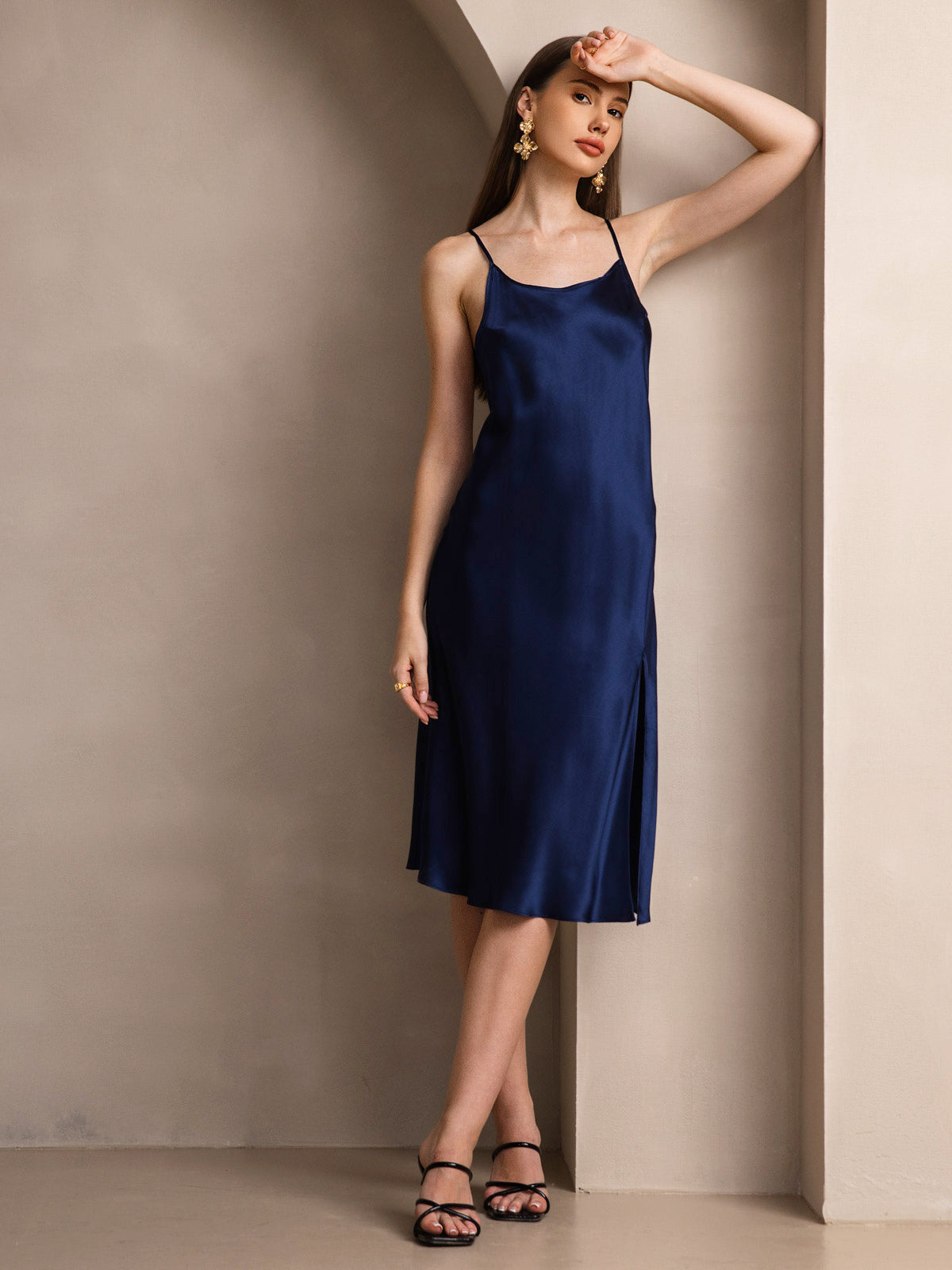 [Dark Blue] SilkSilky-UK Pure Silk Round Neck Dress 006