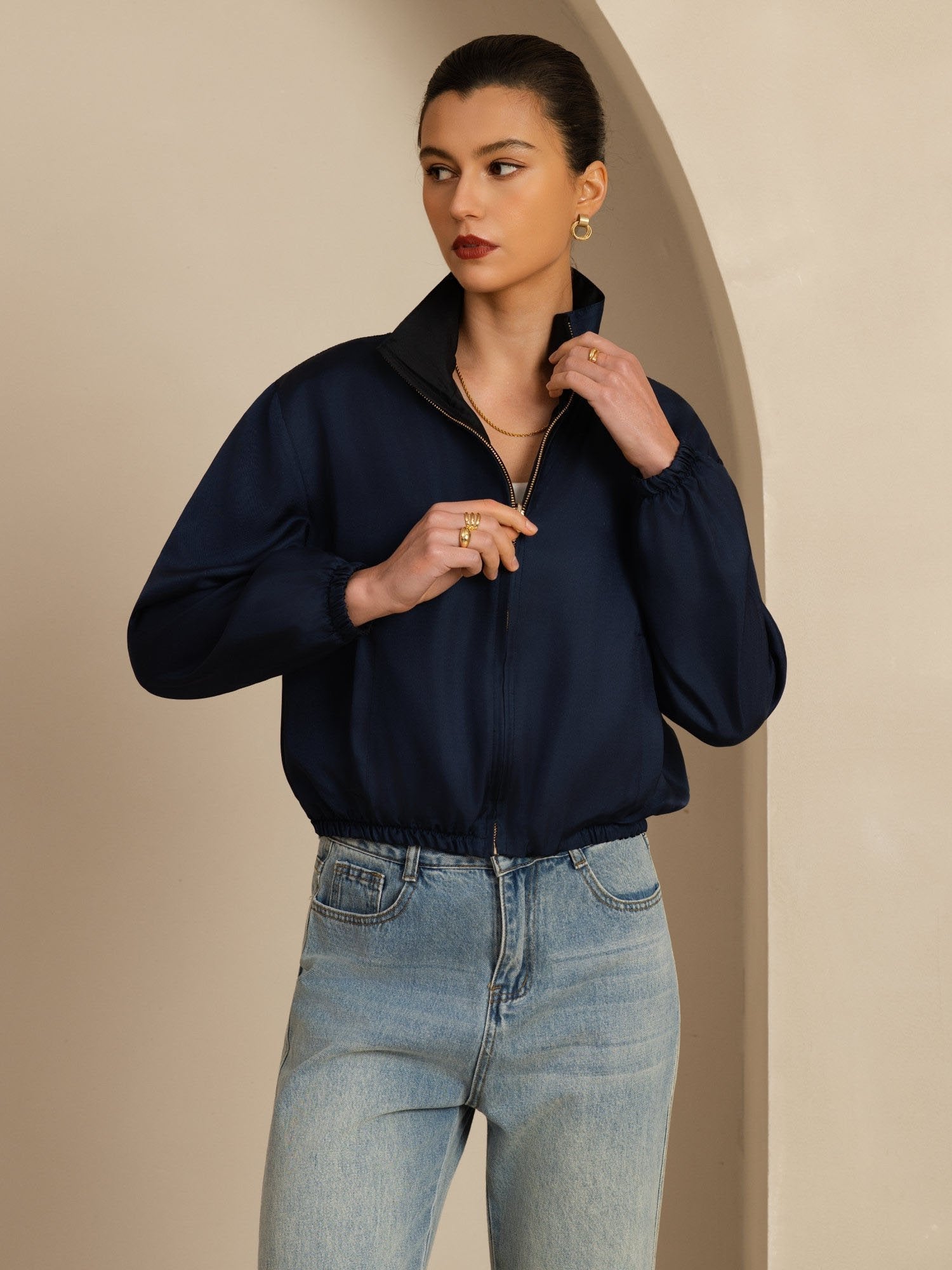[Black+DarkBlue] SilkSilky-UK 18Momme Silk Satin Surah Long Sleeve Stand Collar Women's Outerwear 002