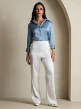 [Grayish Blue] SilkSilky-UK 19Momme Stretch Silk Charmeuse 3/4 Sleeve Lapel Collar Women's Shirt 006