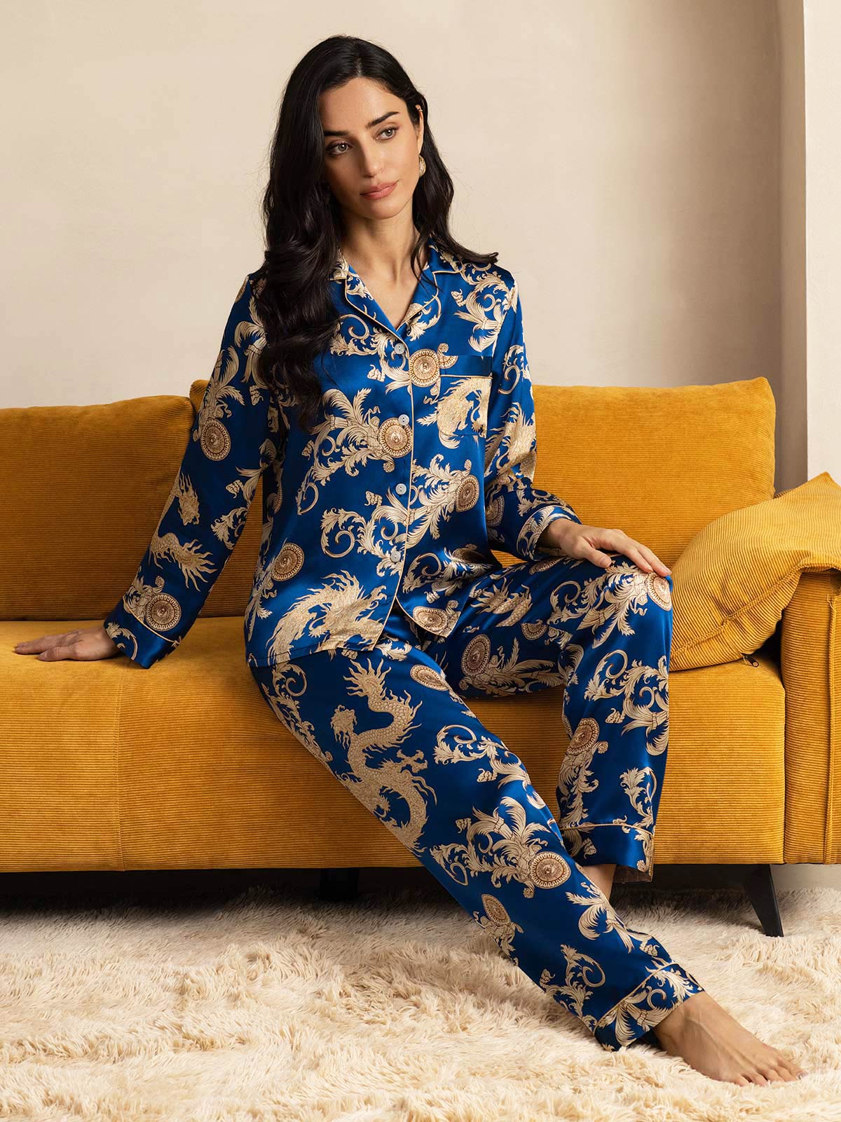 SilkSilky-UK Pure Silk Long Sleeve Lapel Women's Pyjamas Blue 008