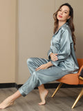 SilkSilky UK Pure Silk Long Sleeve Lapel Women's Pyjamas SteelBlue 001