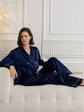 SilkSilky-UK Pure Silk Long Sleeve V Neck Women's Pyjamas DarkBlue 006