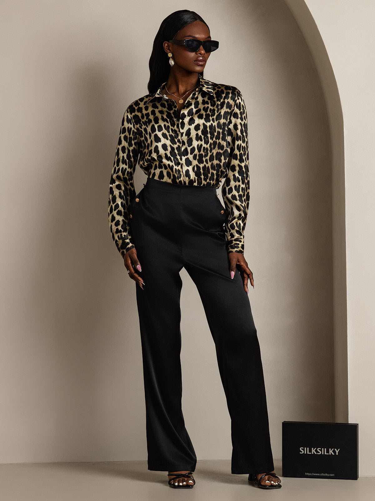 SilkSilky-UK Silk Long Sleeve Collar Women's Shirt Leopard 008