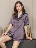 SilkSilky-UK Pure Silk Short Sleeve Lapel Women's Pyjamas PurpleGray 001