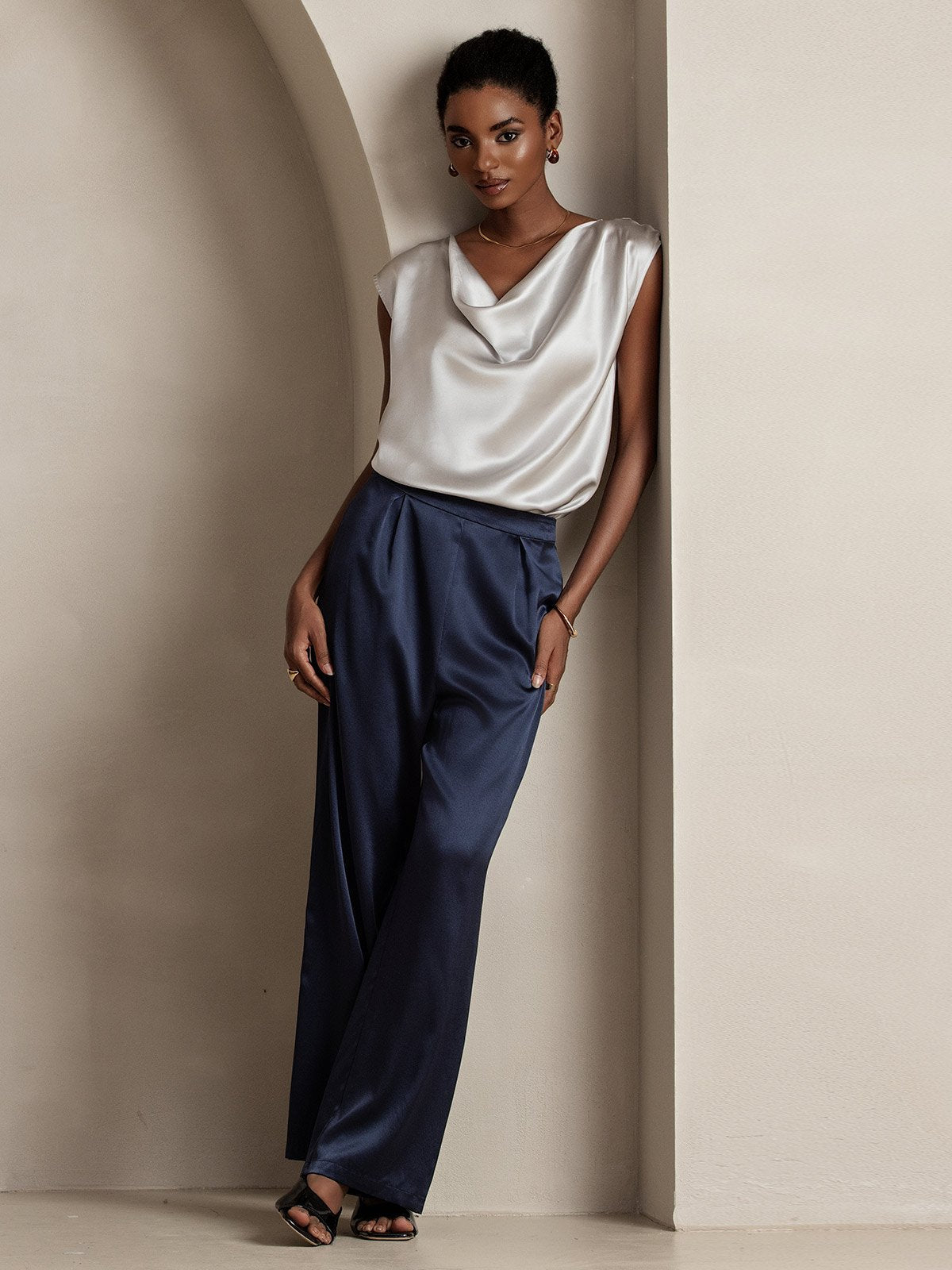 [Light Gray] SilkSilky-UK 19Momme Silk Cap Sleeve Cowl Neck Women's T-Shirt 006