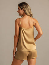 [Tan] SilkSilky-UK 19Momme Machine-Washable Silk Spaghetti Strap Round Neck Camisole Set 002