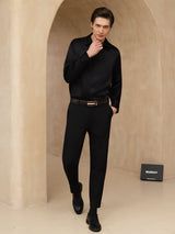 [Black] SilkSilky-UK 19Momme Stretch Silk Charmeuse Long Sleeve Lapel Collar Men's Shirt 008