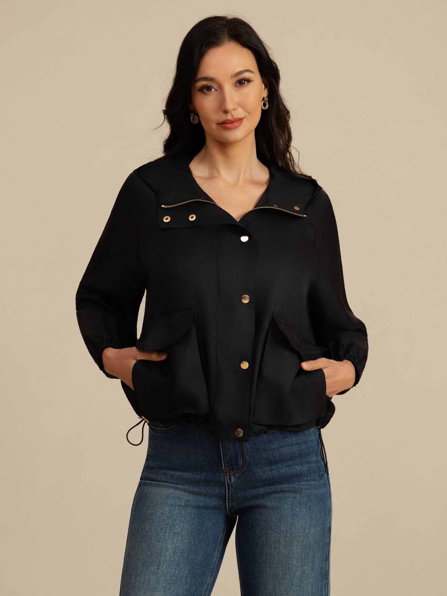 [Black] SilkSilky-UK Silk Satin Surah Long Sleeve High Neck Women's Outerwear 004