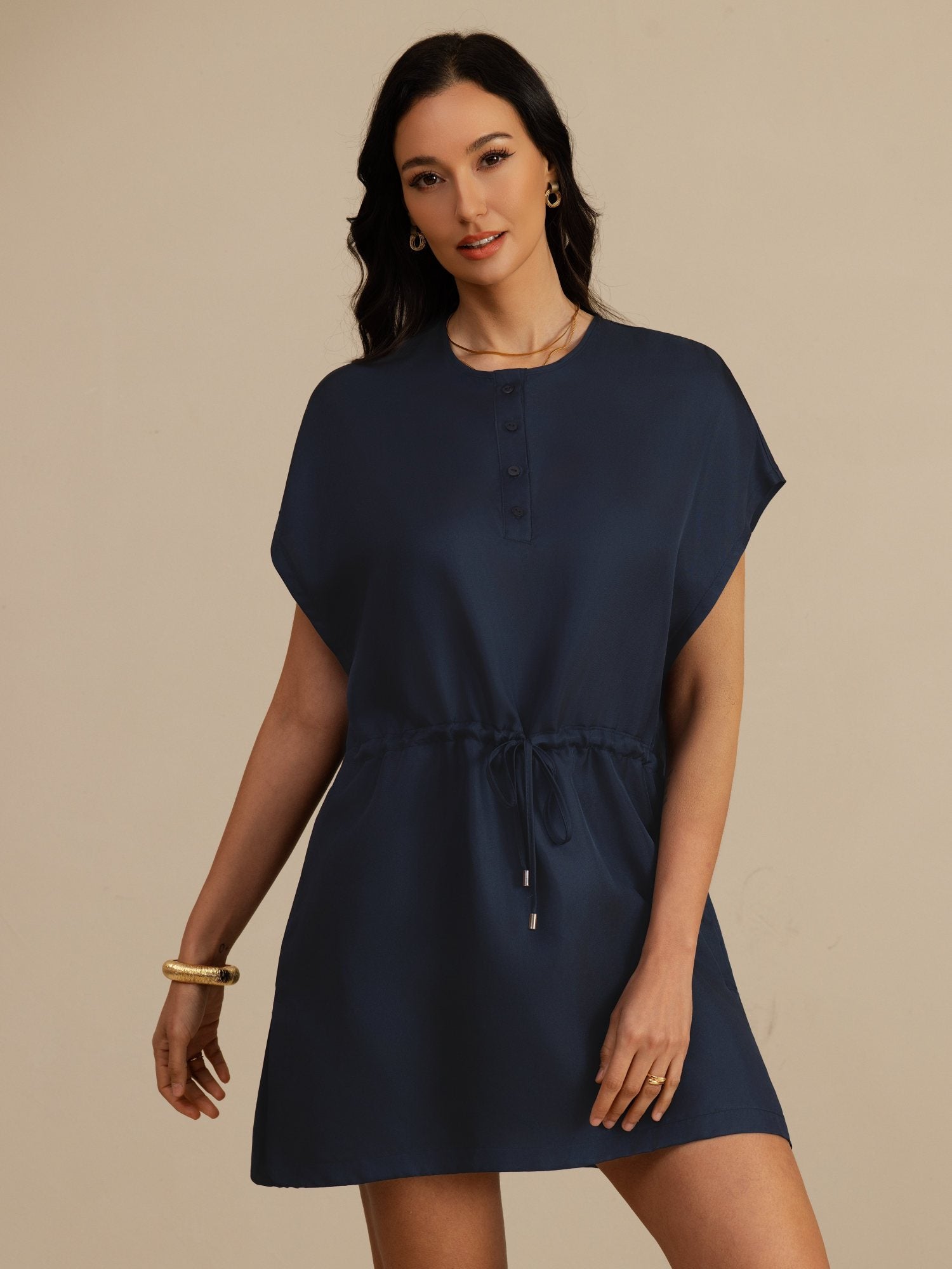 [Dark Blue] SilkSilky-UK 18Momme Silk Satin Surah Cap Sleeve Henley Neck Dress 004