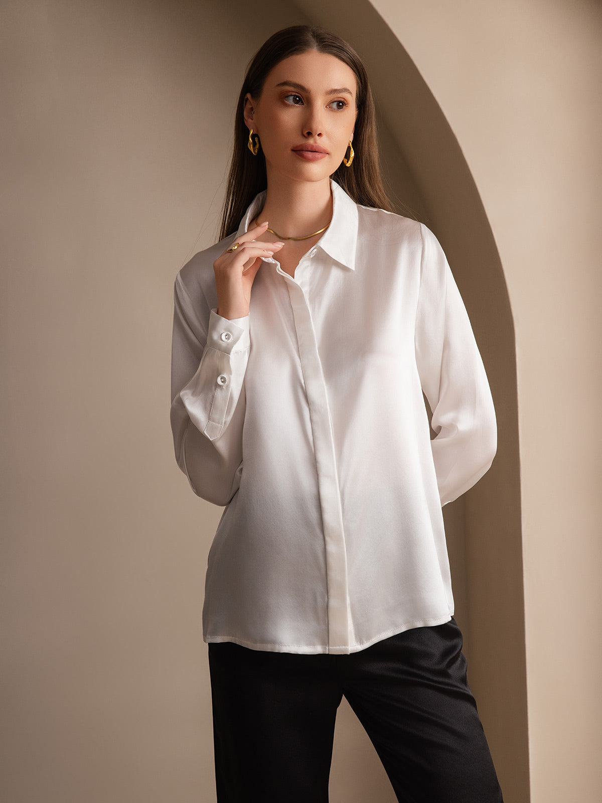 SilkSilky-UK 19Momme Silk Long Sleeve Collar Women's Shirt White 004