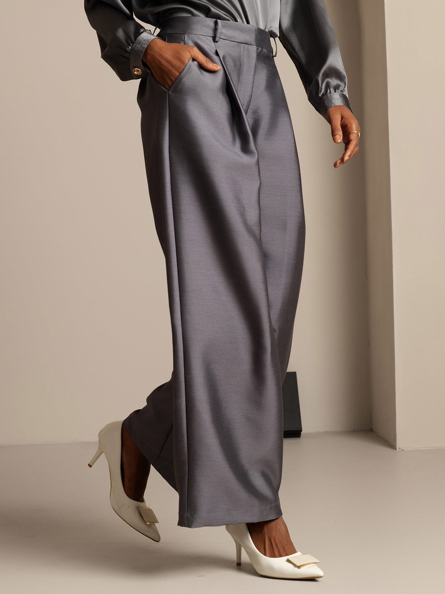 [Gray] SilkSilky-UK 32Momme Silk-Wool Blend Womens Pants 003,