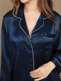 SilkSilky UK Pure Silk Long Sleeve Lapel Women's Pyjamas DarkBlue 008