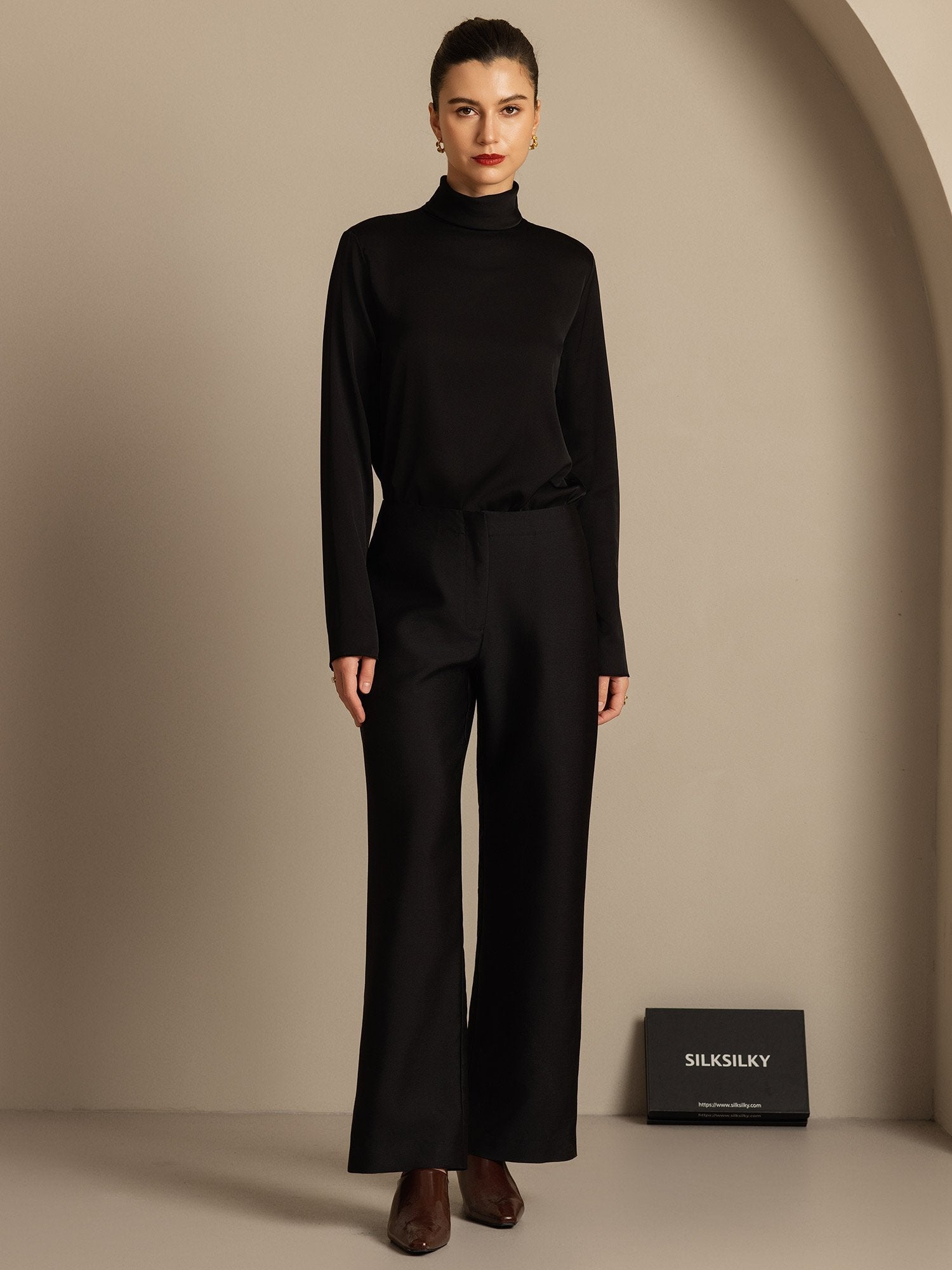 [Black] SilkSilky-UK 32Momme Silk-Wool Blend Womens Pants 005,