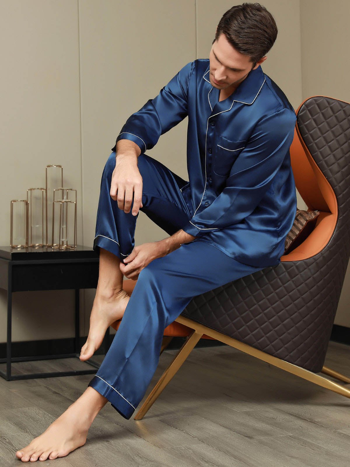 SilkSilky UK Pure Silk Long Sleeve Lapel Men's Pyjamas DarkBlue 007