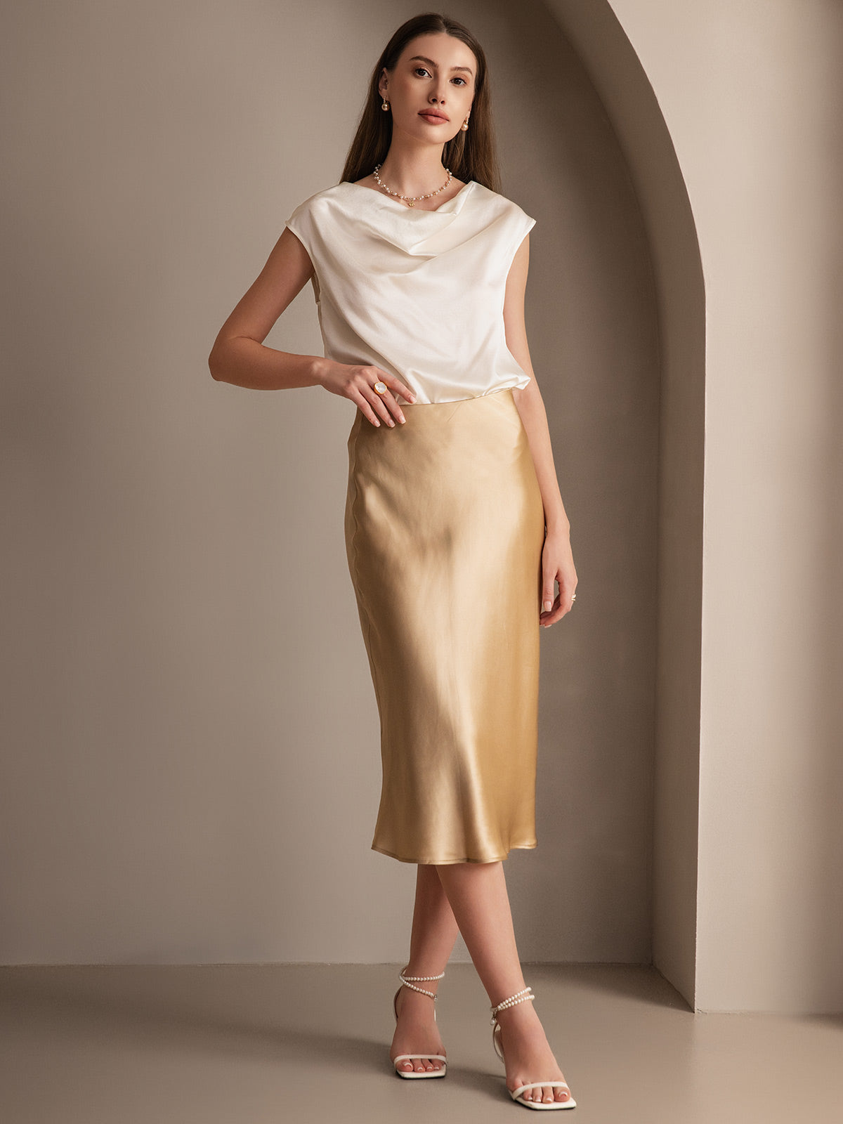 SilkSilky-UK 19Momme Pure Silk Skirt Champagne 001