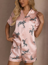 [Pink Zebra] SilkSilky-UK Short Sleeve Lapel Collar Women's Pyjamas 004
