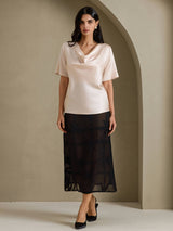 [Beige] SilkSilky-UK Short Sleeve Cowl Neck Women's Blouse 006