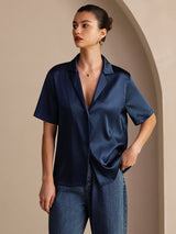 [Dark Blue] SilkSilky-UK Short Sleeve Notch Collar Women's Shirt 003