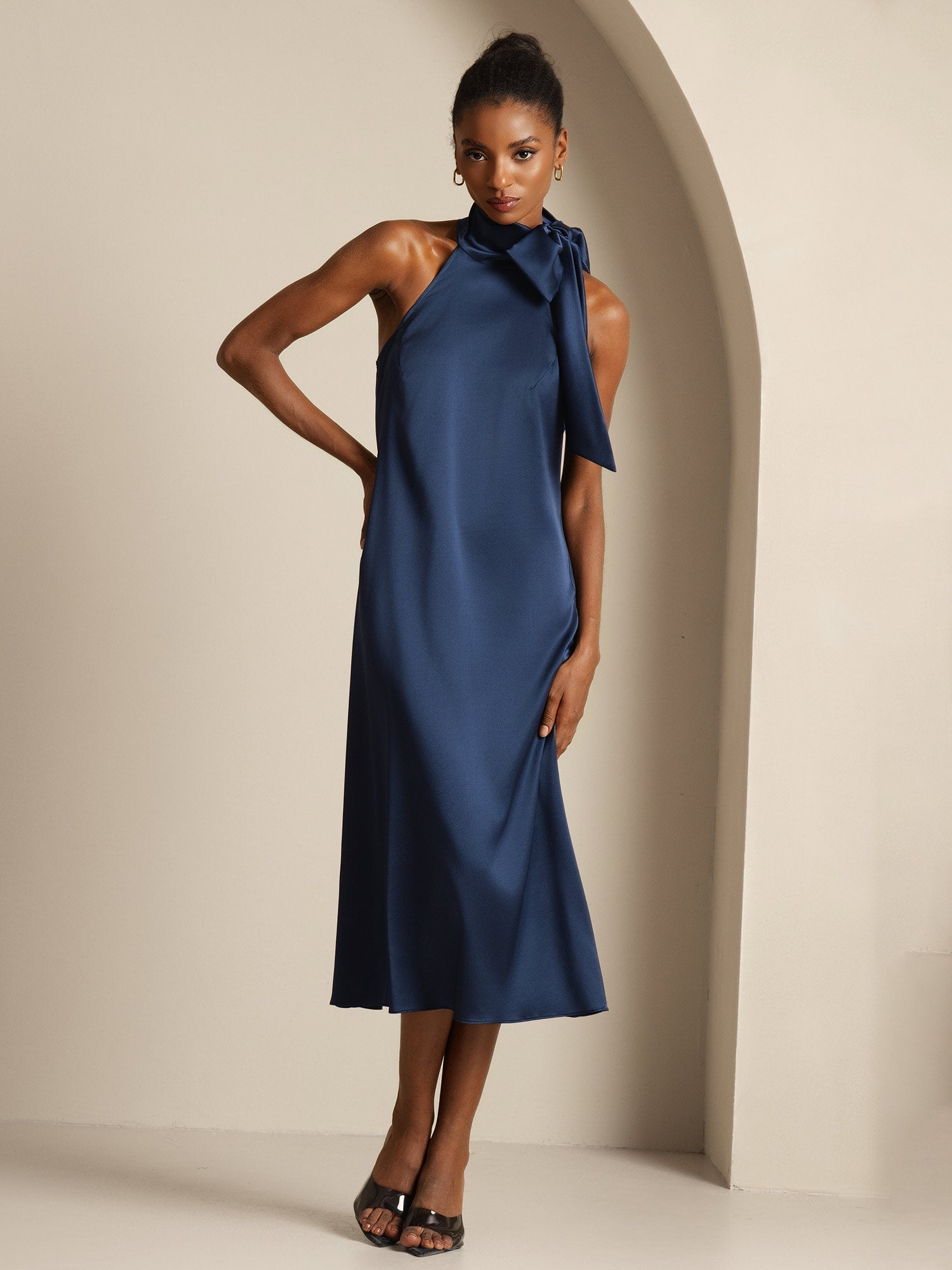 [Dark Blue] SilkSilky-UK 19Momme Silk Tie Neck Dress 008,