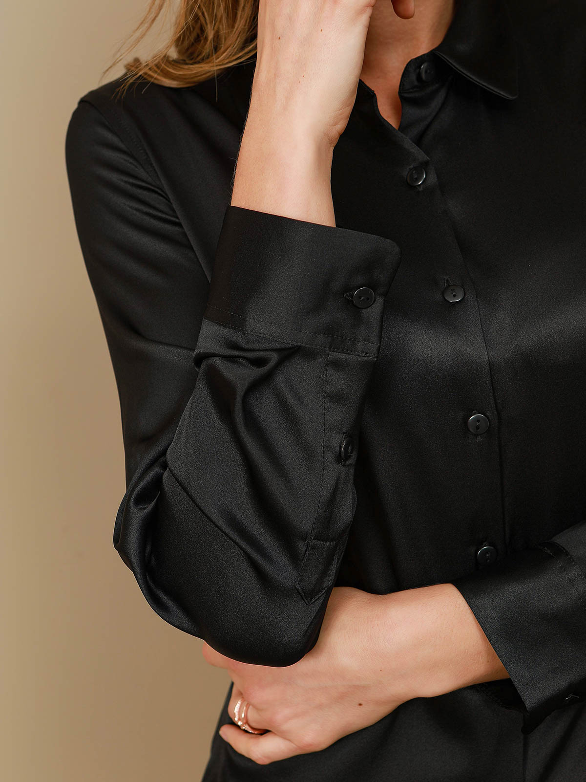 SilkSilky-UK Silk Long Sleeve Collar Women's Shirt Black 008