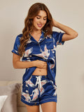 SilkSilky UK 19Momme Pure Silk Short Sleeve Lapel Women's Pyjamas DarkBlue 001