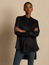 [Black] SilkSilky-UK 19Momme Stretch Silk Charmeuse Long Sleeve Stand Collar Blouse 004
