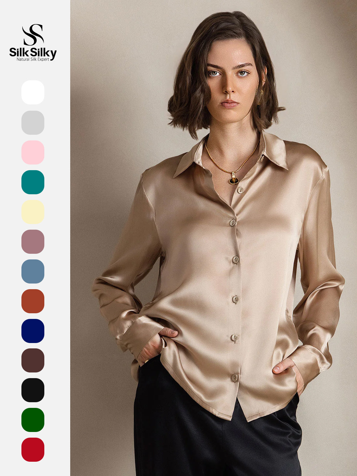 [Champagne] SilkSilky-UK Silk Long Sleeve Collar Women's Shirt 001