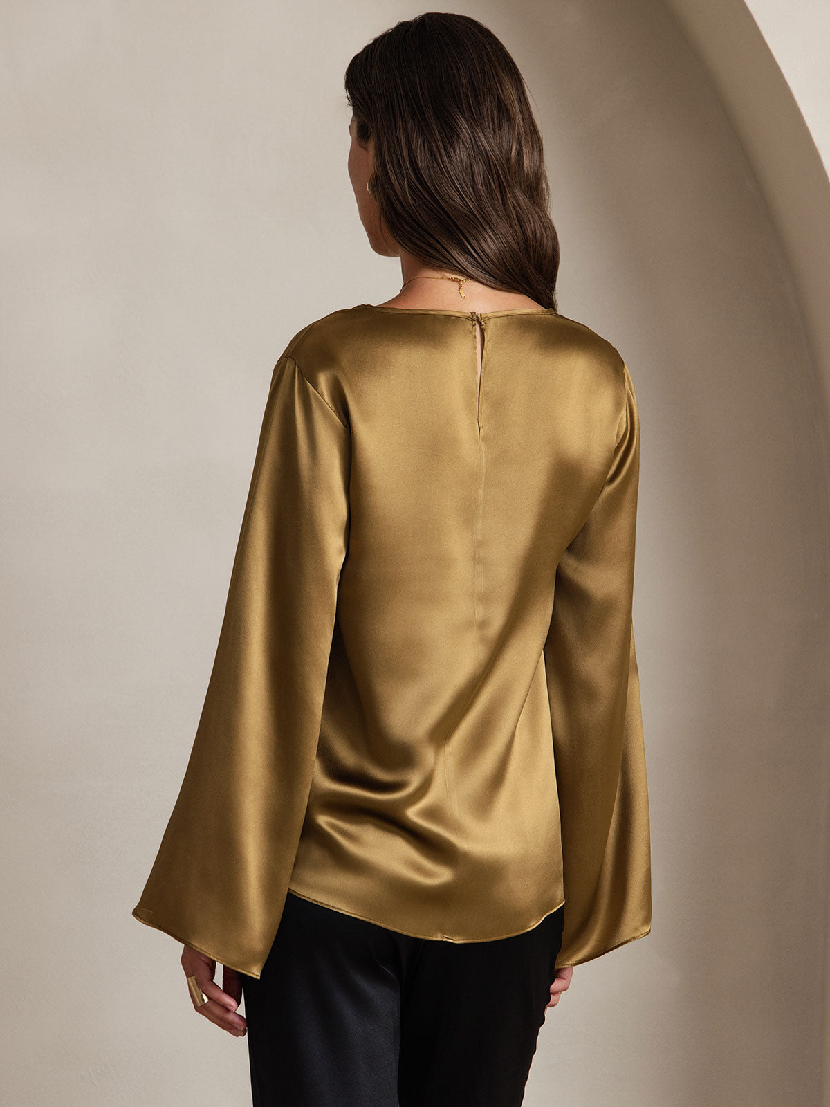 [Brown] SilkSilky-UK Long Sleeve Boat Neck Women's Blouse 002