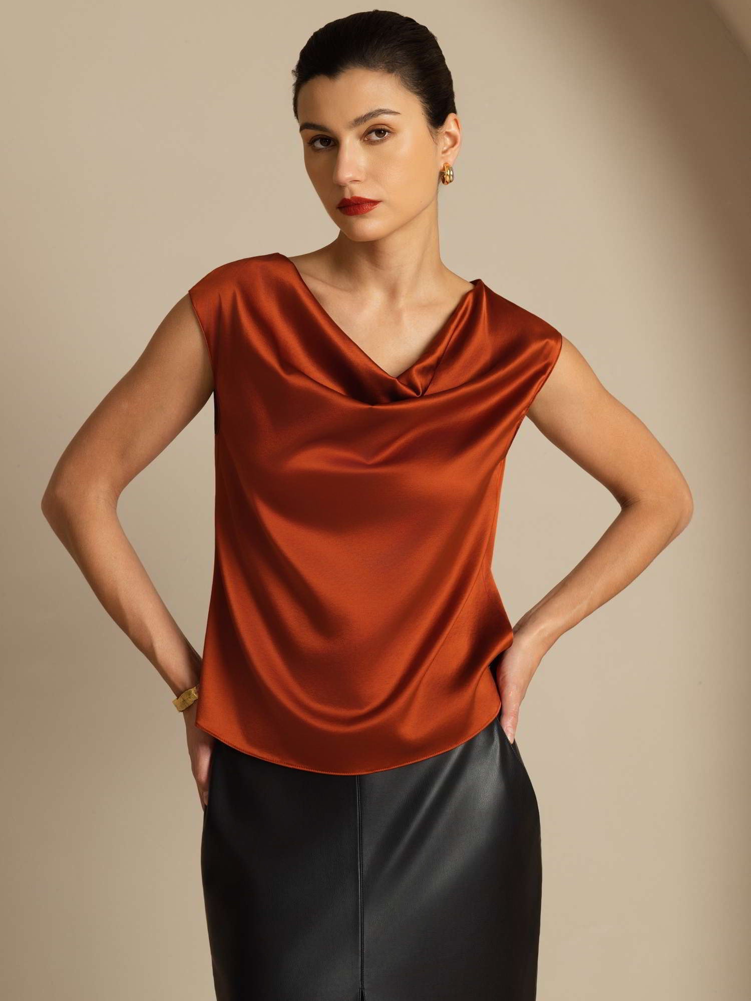 [Caramel] SilkSilky-UK 19Momme Silk Cap Sleeve Cowl Neck Women's T-Shirt 004