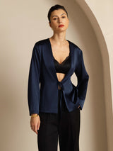 [Dark Blue] SilkSilky-UK 19Momme Stretch Silk Charmeuse Long Sleeve Women's Outerwear 001