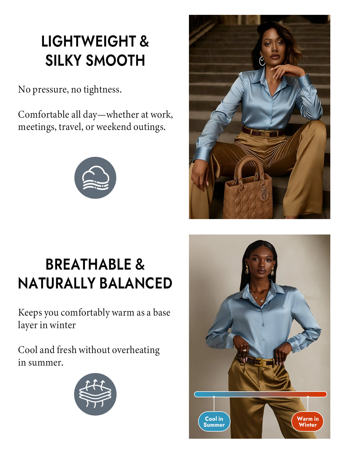 [Grayish Blue] SilkSilky-UK Silk Long Sleeve Collar Women's Shirt 004