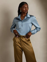 [Grayish Blue] SilkSilky-UK Long Sleeve Lapel Collar Women's Shirt 003