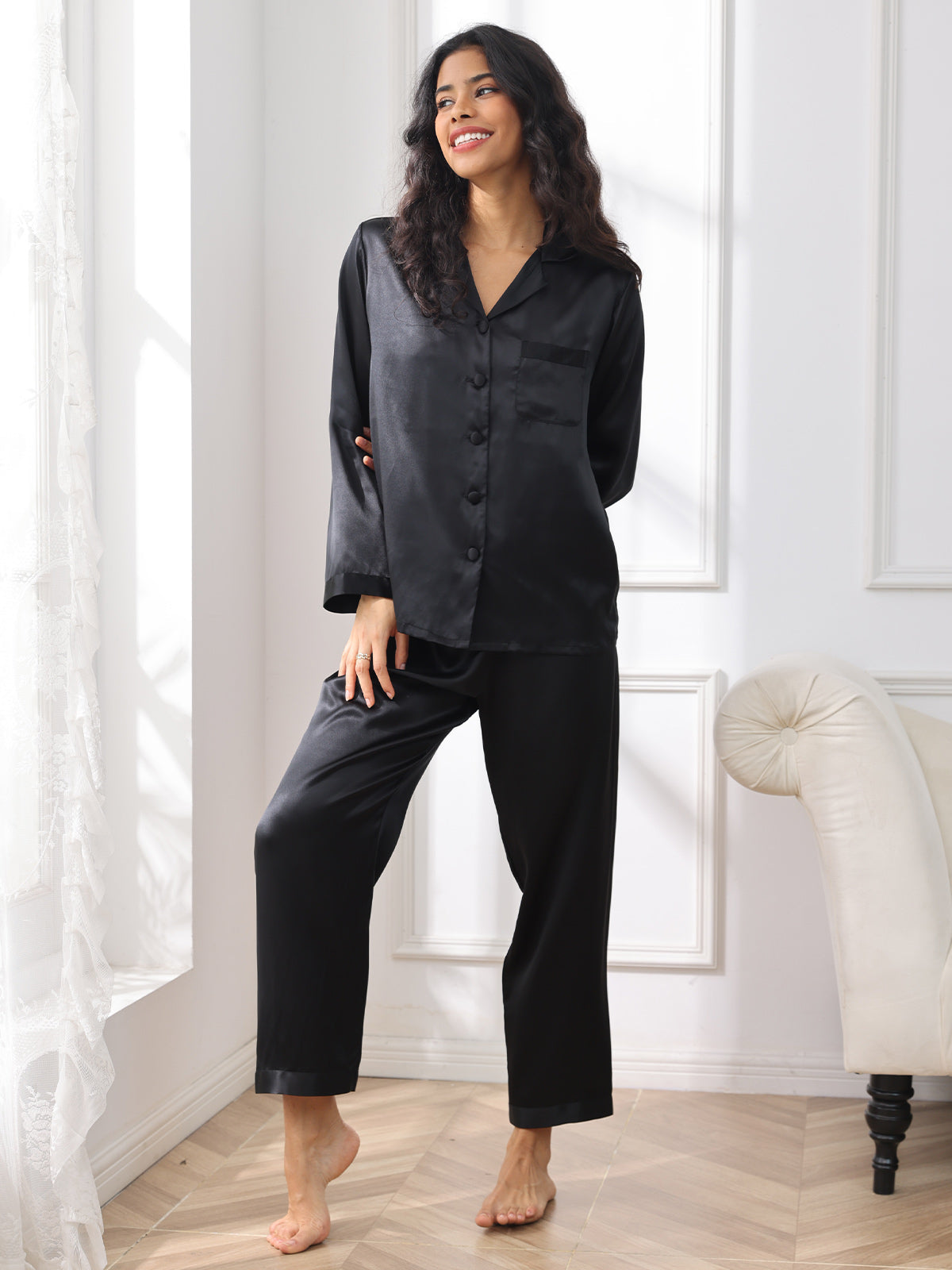 SilkSilky UK Pure Silk Long Sleeve Lapel Women's Pyjamas Black 004