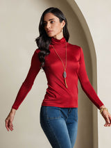 [Wine] SilkSilky-UK Silk Jersey Long Sleeve Turtle Neck Women's T-Shirt 005