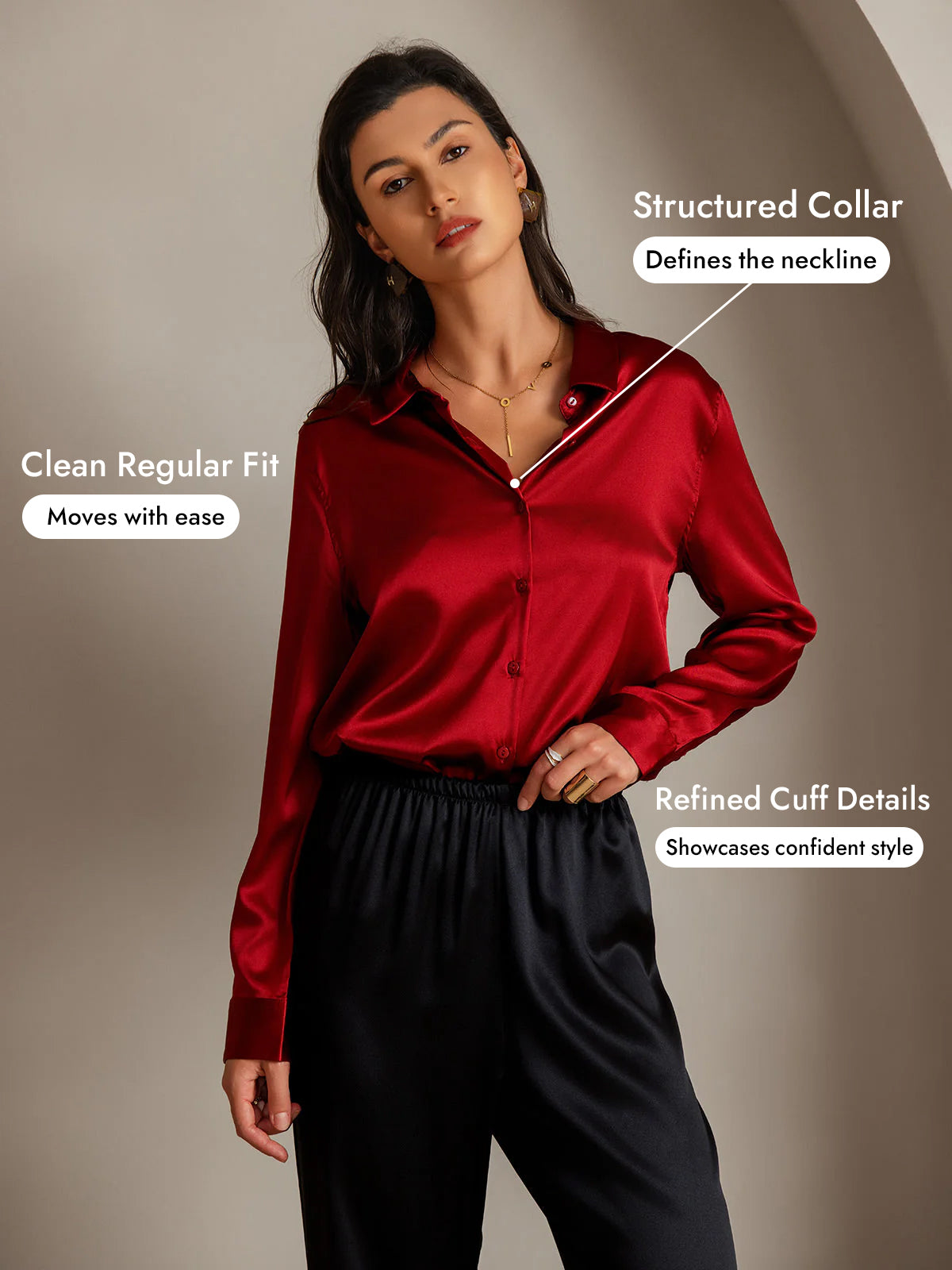 [Red] SilkSilky-UK Silk Long Sleeve Collar Women's Shirt 005