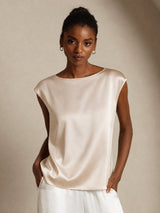 [Beige] SilkSilky-UK Cap Sleeve Round Neck Women's T-Shirt 001