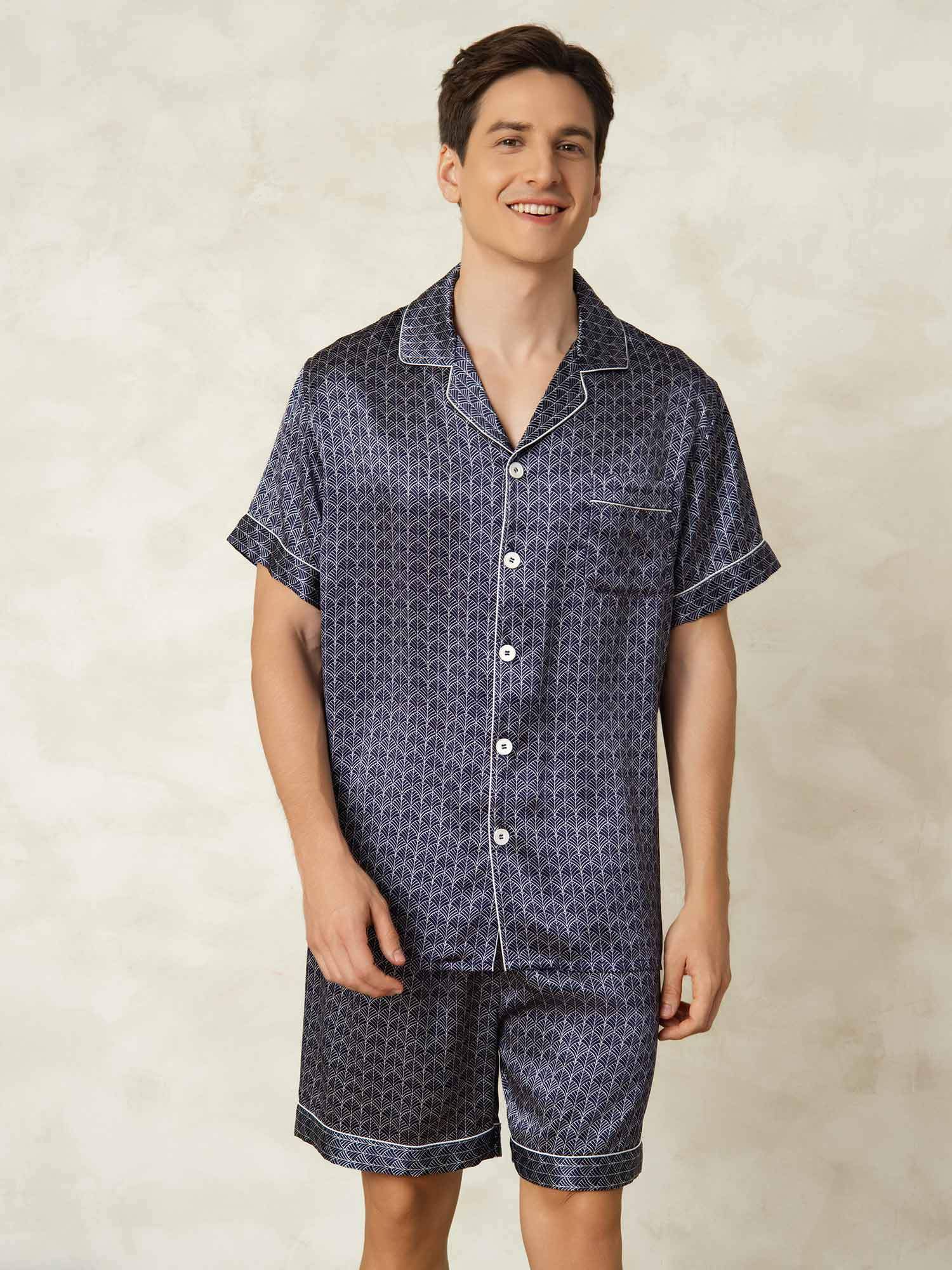 [Navy Ginkgo] SilkSilky-UK Short Sleeve Notch Collar Men's Pyjamas 001