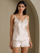[Beige] SilkSilky-UK Spaghetti Strap V Neck Camisole Set 001