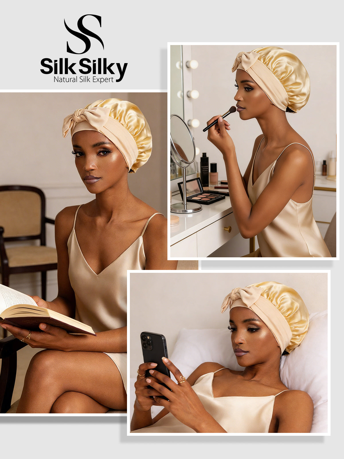 [Champagne] SilkSilky-UK Pure Silk Sleep Cap 005